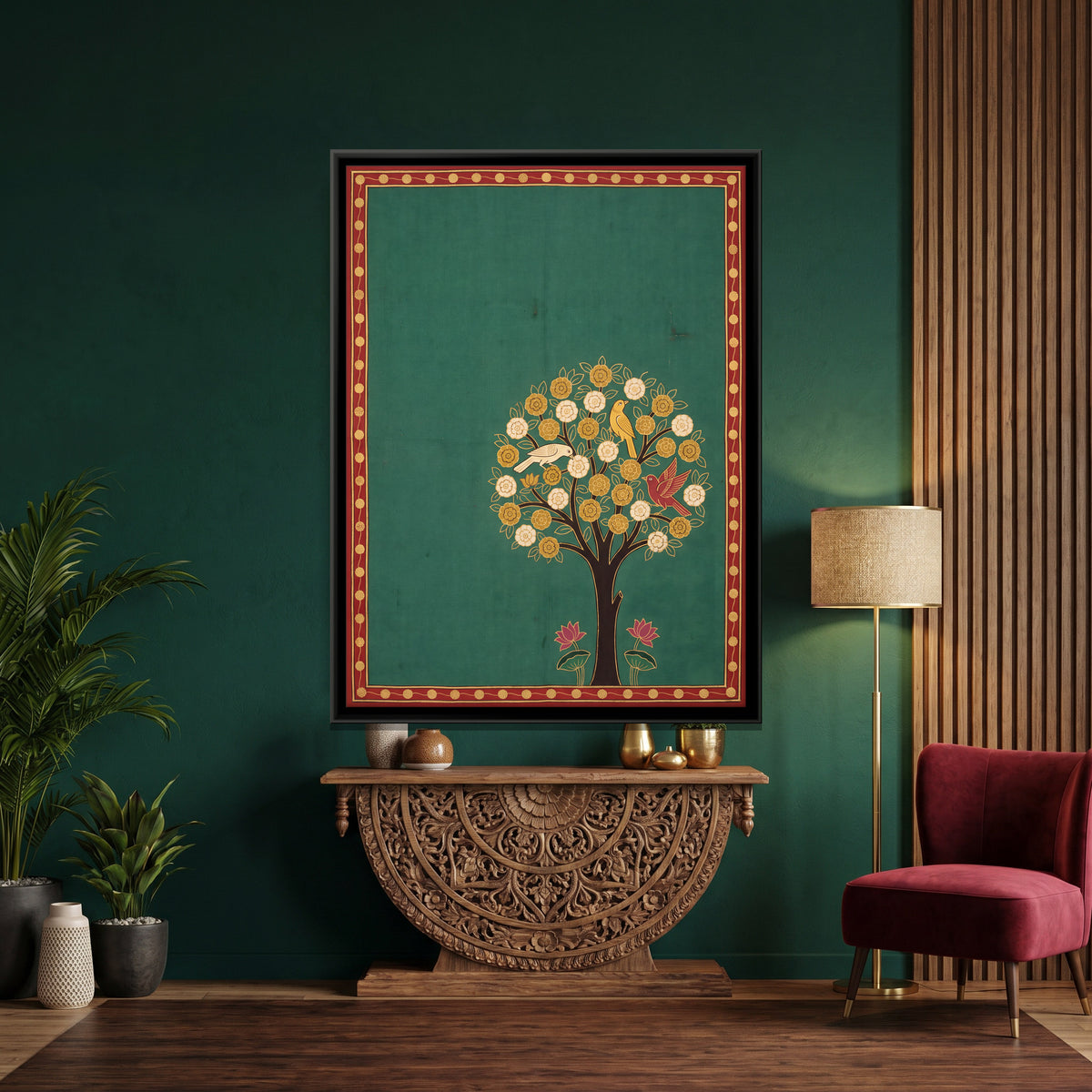 Tree of Life with Birds - canvas art shown in a styled room