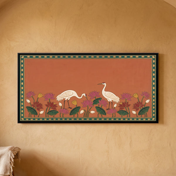 Two Cranes Among Lotus Flowers and Leaves