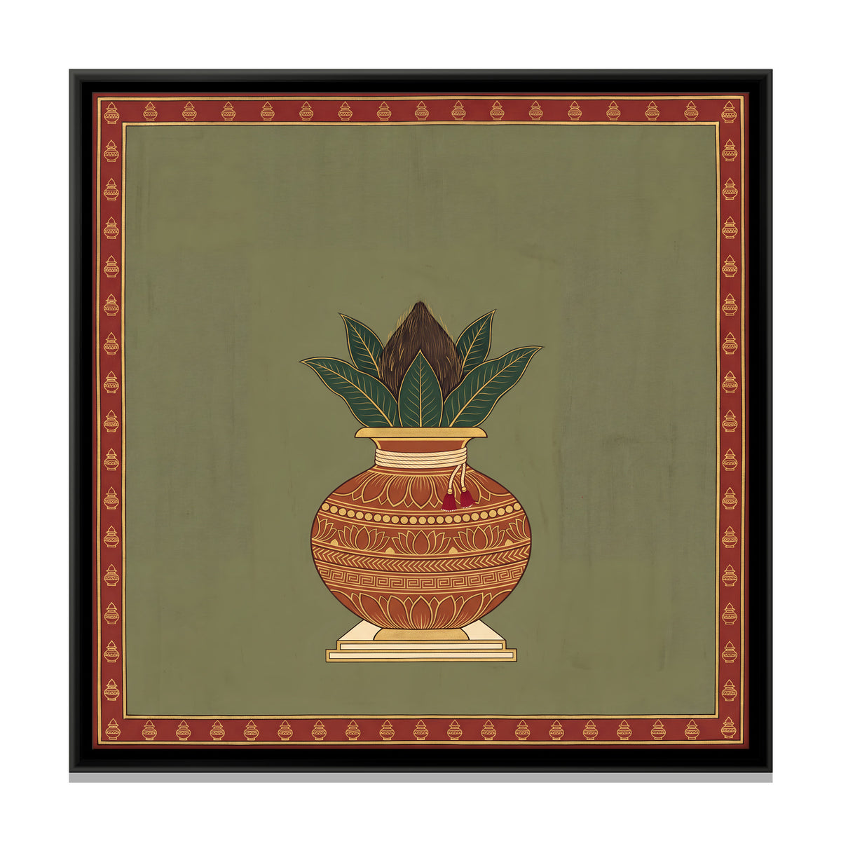 Kalash with Coconut and Mango Leaves - framed canvas print, front view