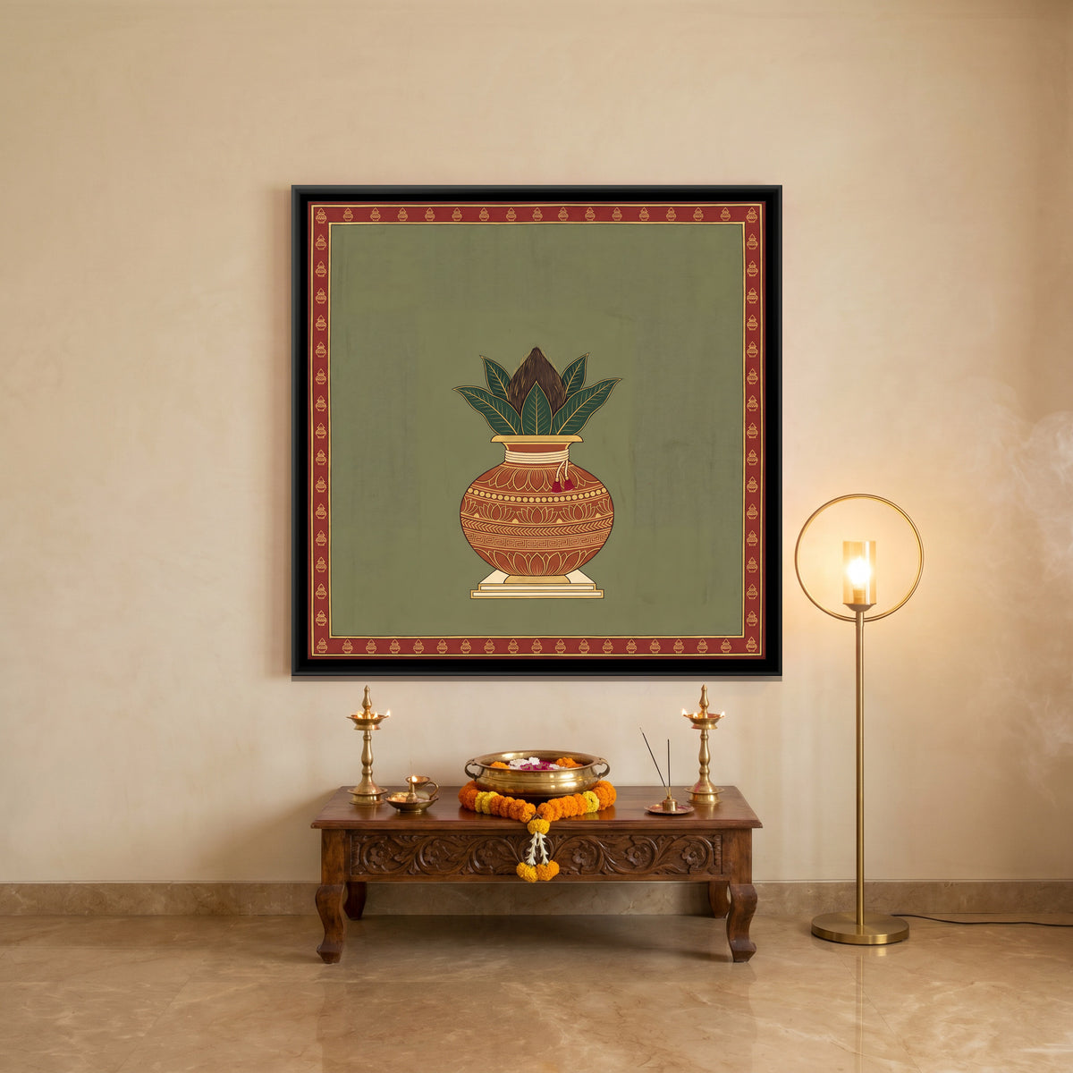 Kalash with Coconut and Mango Leaves - canvas art shown in a styled room
