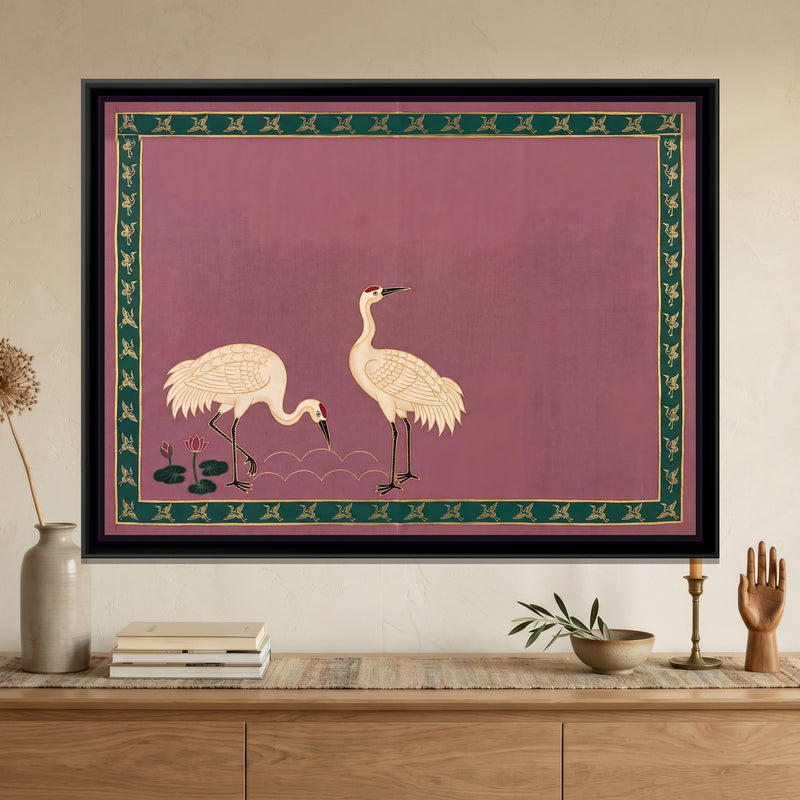 Pair of Cranes with Lotus - framed canvas art hung on a wall