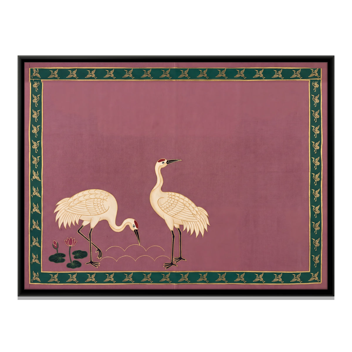 Pair of Cranes with Lotus - framed canvas print, front view