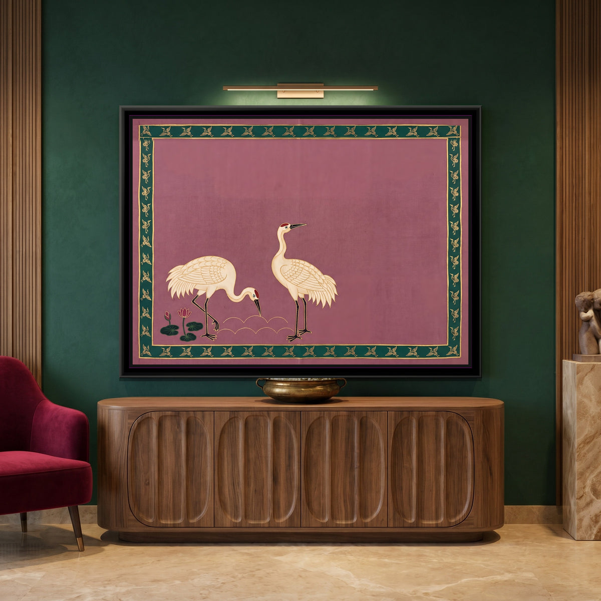 Pair of Cranes with Lotus - canvas art shown in a second room setting