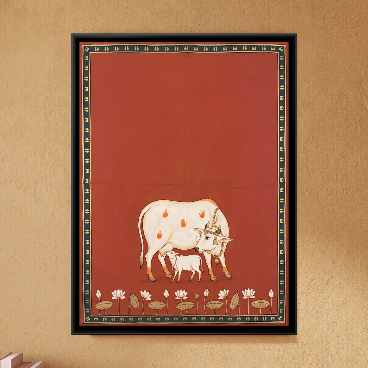 Cow and Calf with Lotuses - framed canvas art hung on a wall