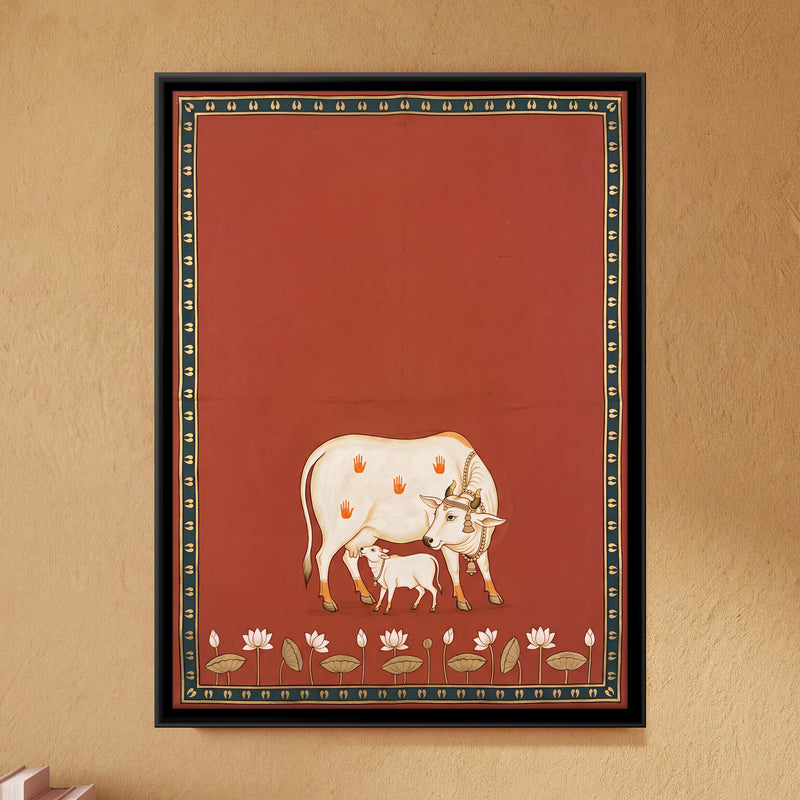 Cow and Calf with Lotuses - framed canvas art hung on a wall