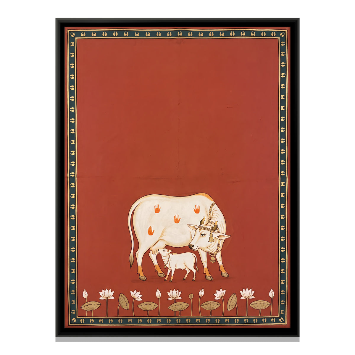 Cow and Calf with Lotuses - framed canvas print, front view