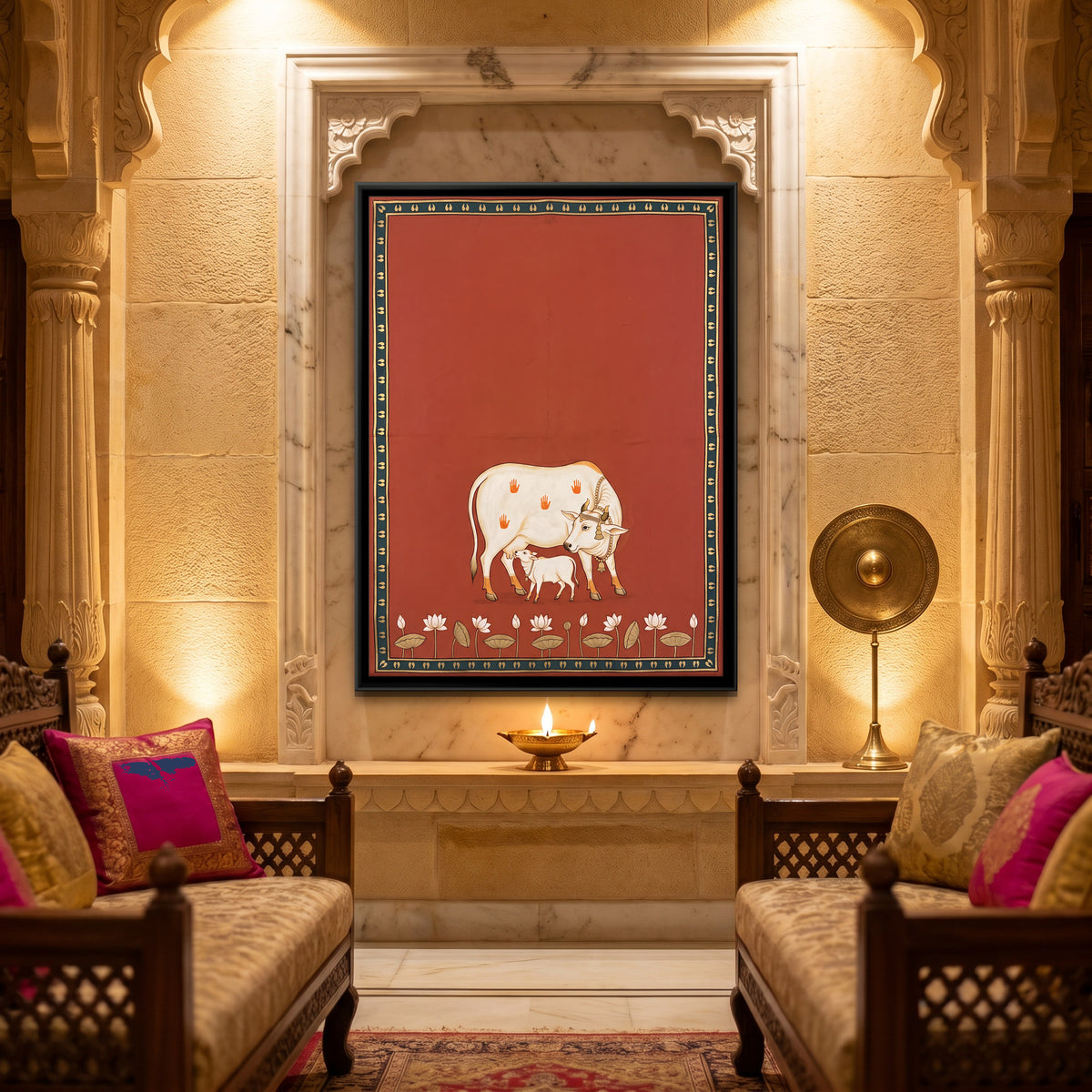 Cow and Calf with Lotuses - canvas art shown in a styled room