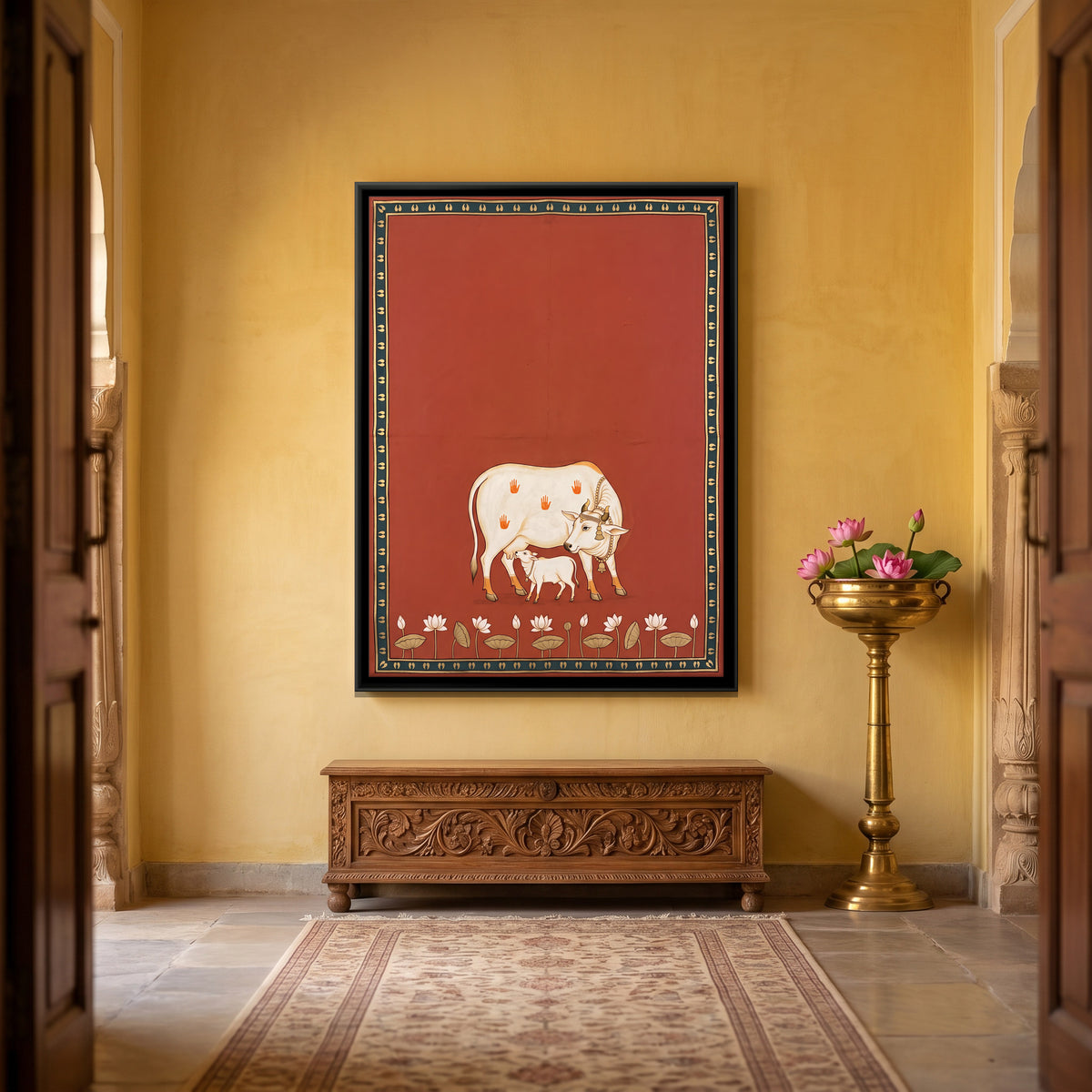 Cow and Calf with Lotuses - canvas art shown in a second room setting