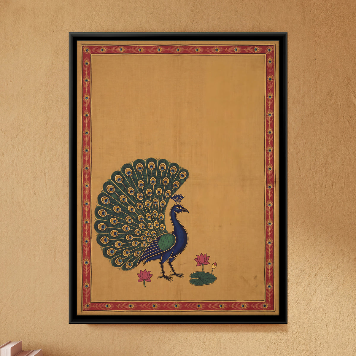 Peacock in Full Display - framed canvas art hung on a wall