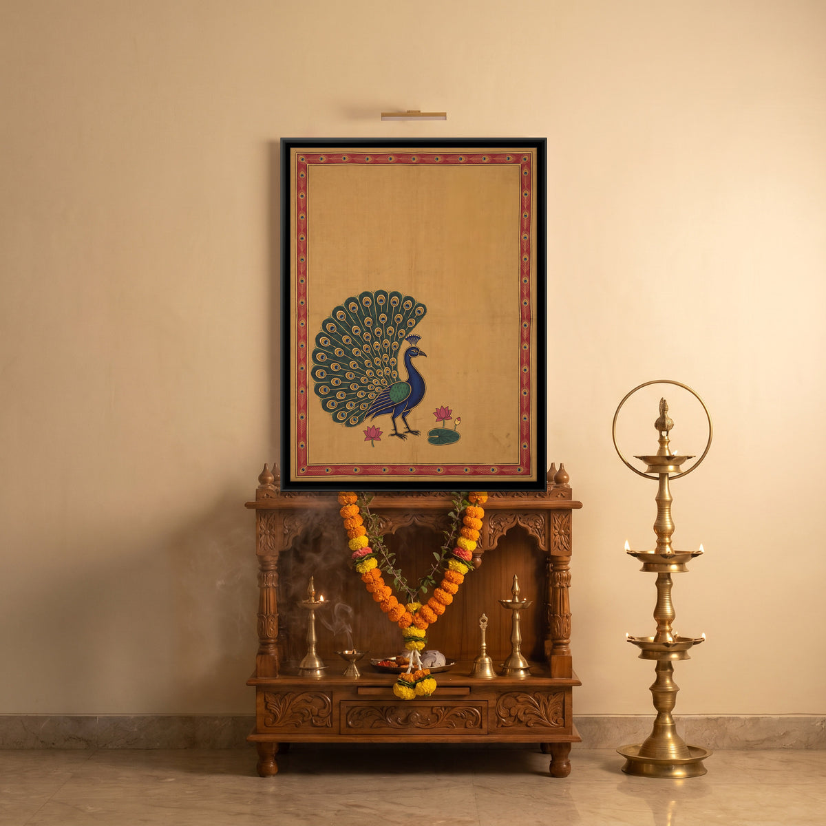 Peacock in Full Display - canvas art shown in a styled room
