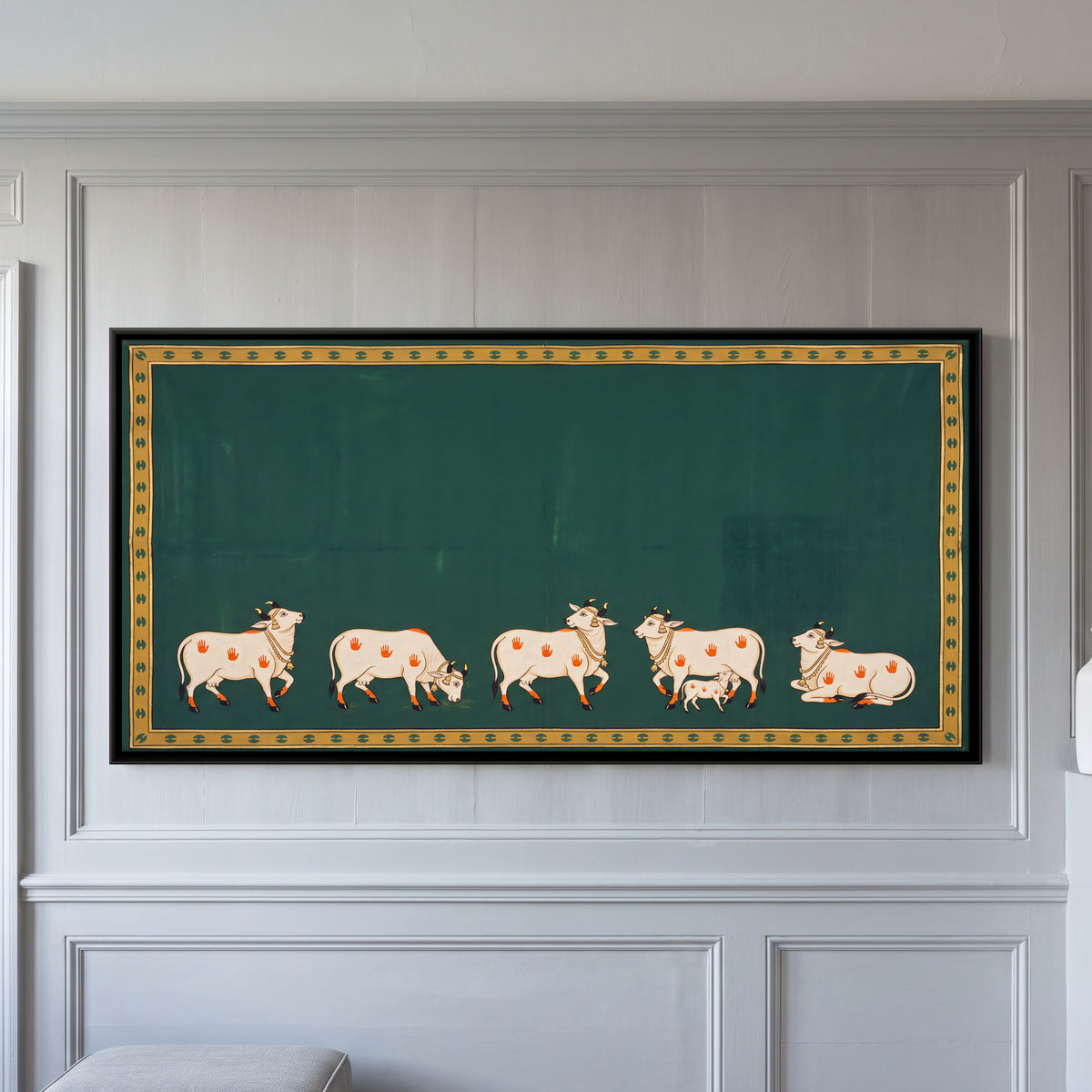 Five Cows with a Calf - framed canvas art hung on a wall