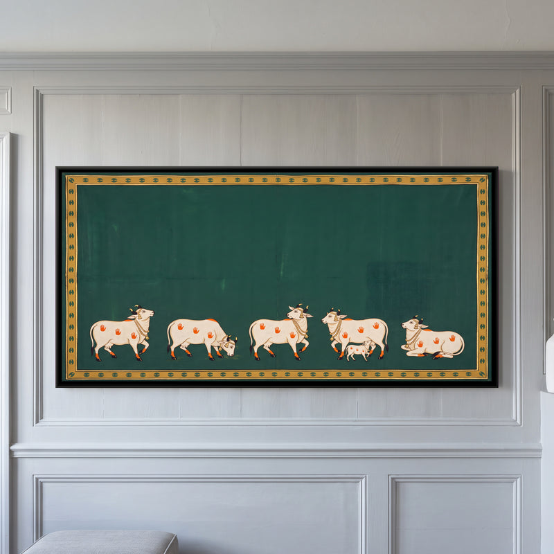 Five Cows with a Calf - framed canvas art hung on a wall