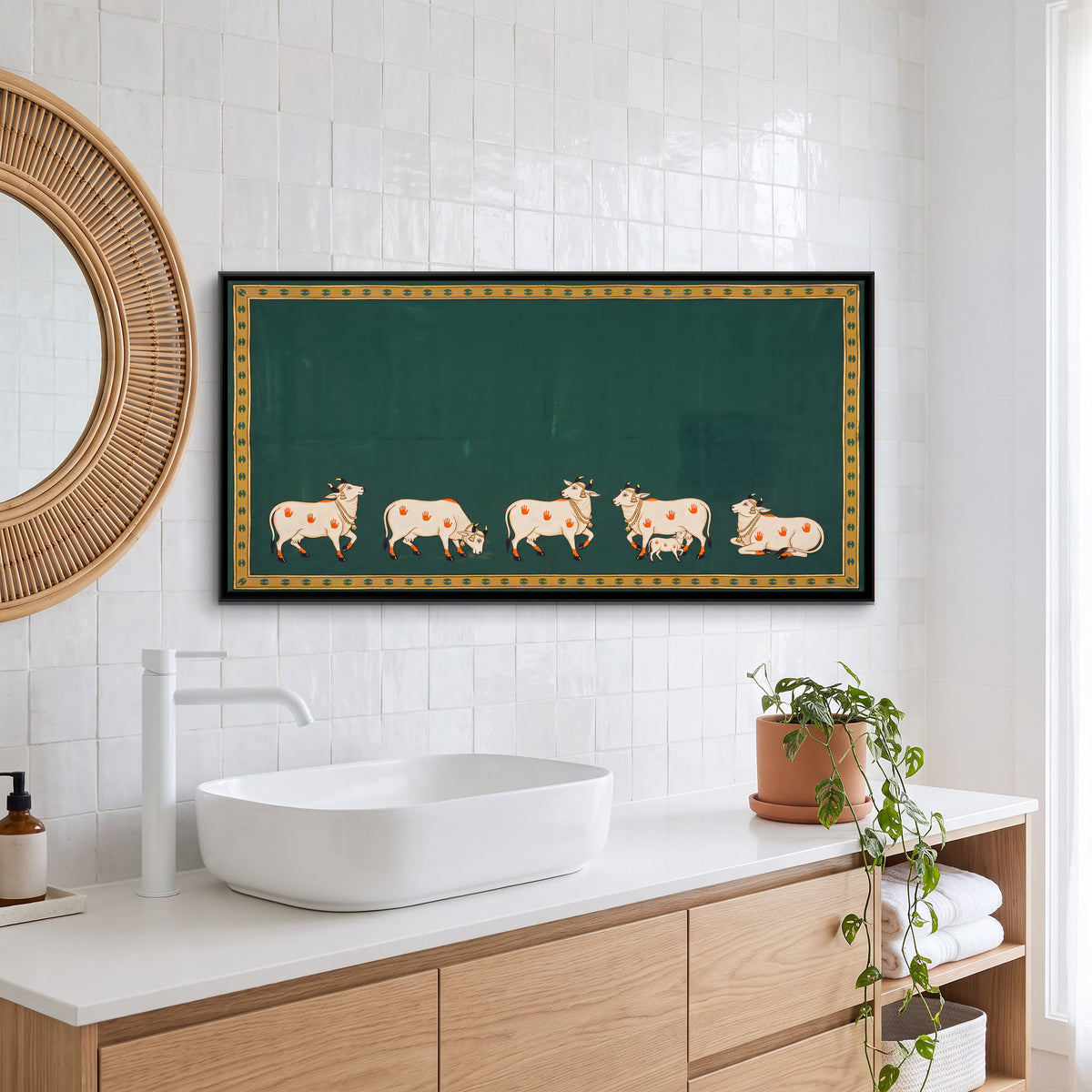 Five Cows with a Calf - canvas art shown in a second room setting