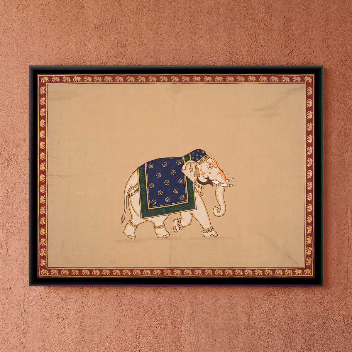 Adorned Elephant in Blue Drape - framed canvas art hung on a wall
