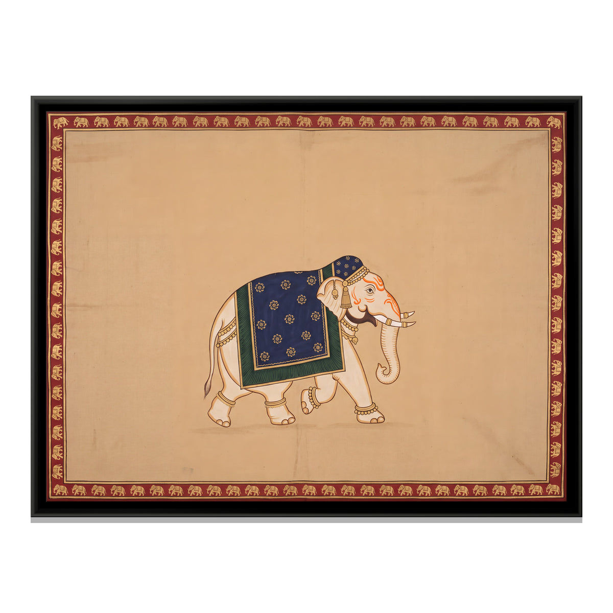 Adorned Elephant in Blue Drape - framed canvas print, front view