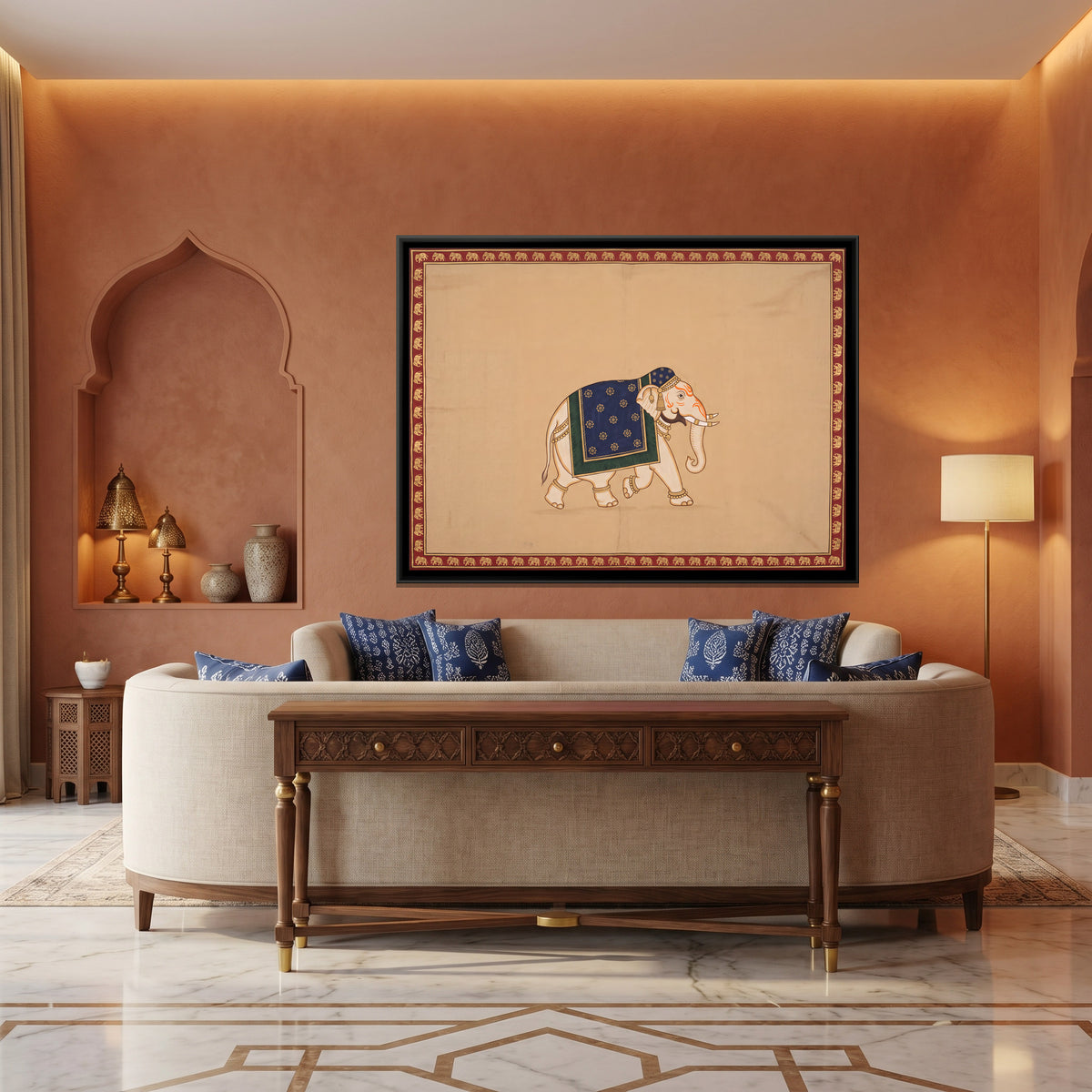 Adorned Elephant in Blue Drape - canvas art shown in a styled room