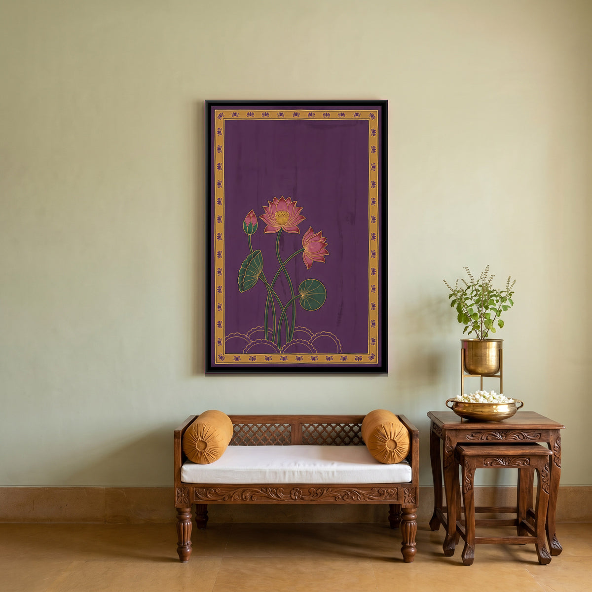 Lotus Plant in Bloom - canvas art shown in a styled room
