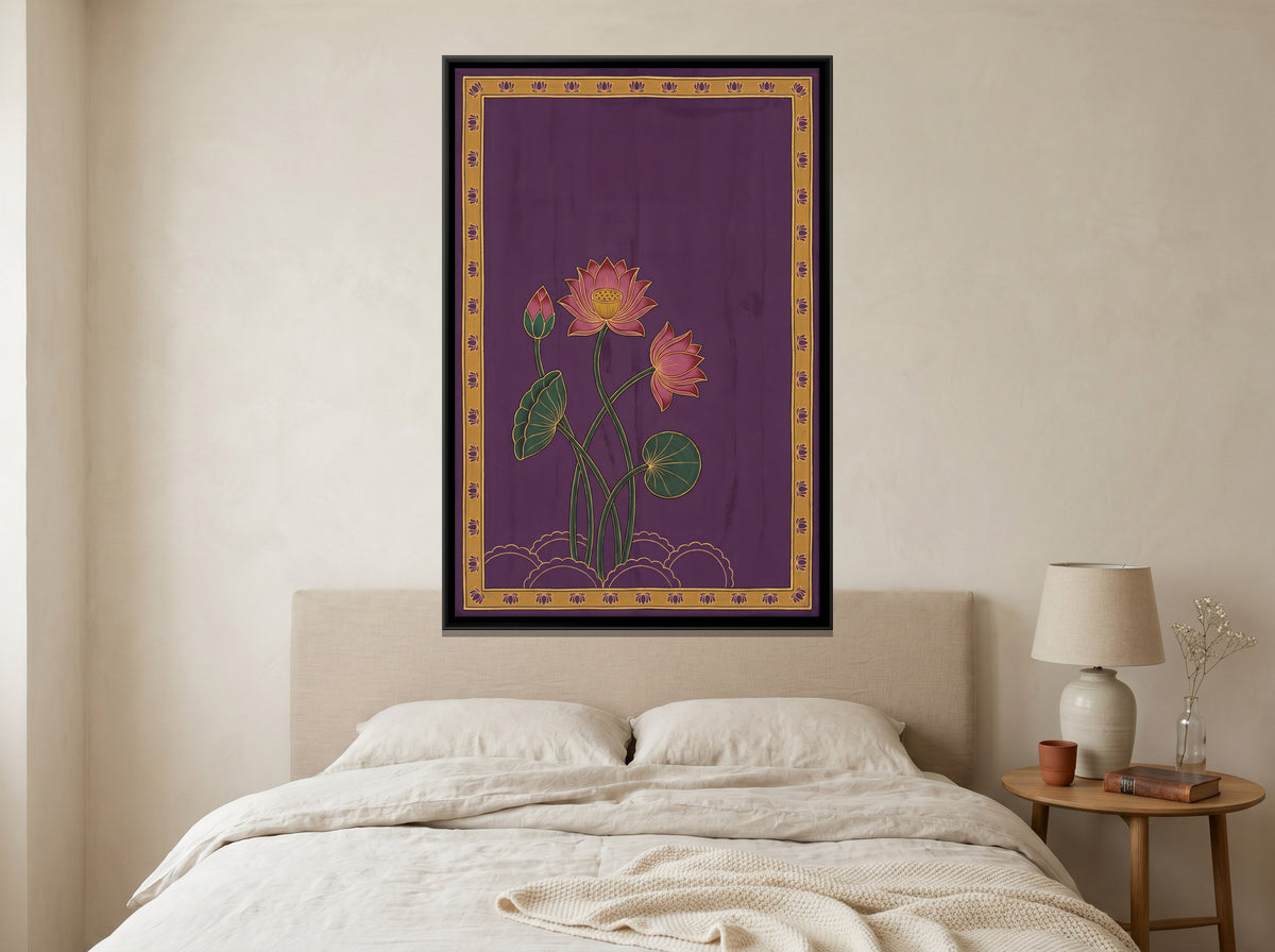 Lotus Plant in Bloom - canvas art shown in a second room setting