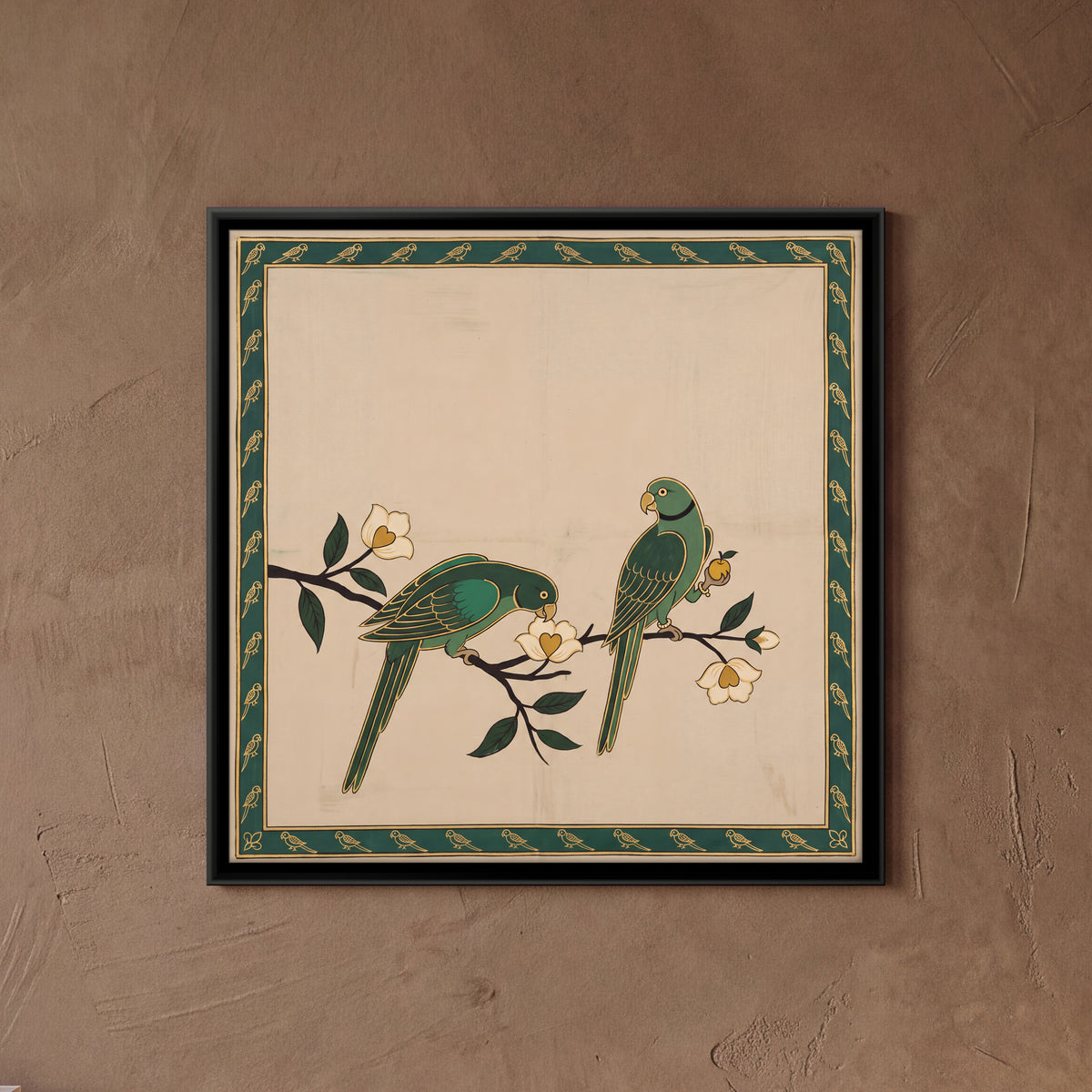 Two Parrots on Flowering Branches - framed canvas art hung on a wall