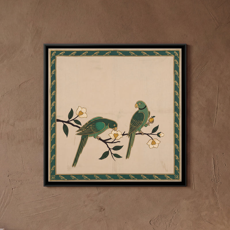Two Parrots on Flowering Branches - framed canvas art hung on a wall