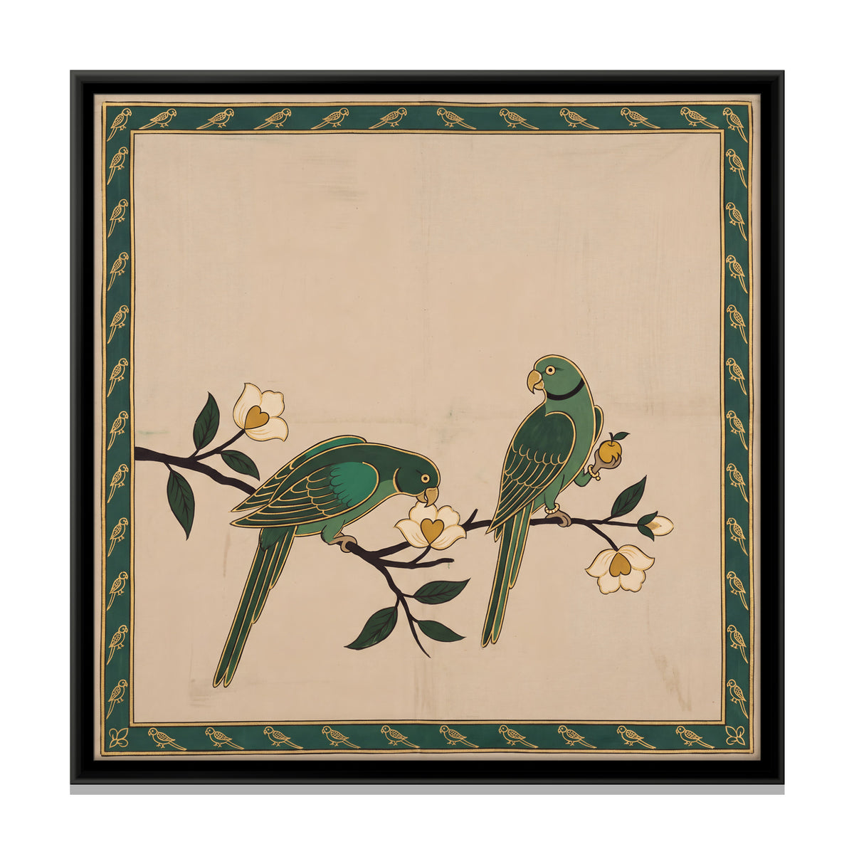 Two Parrots on Flowering Branches - framed canvas print, front view