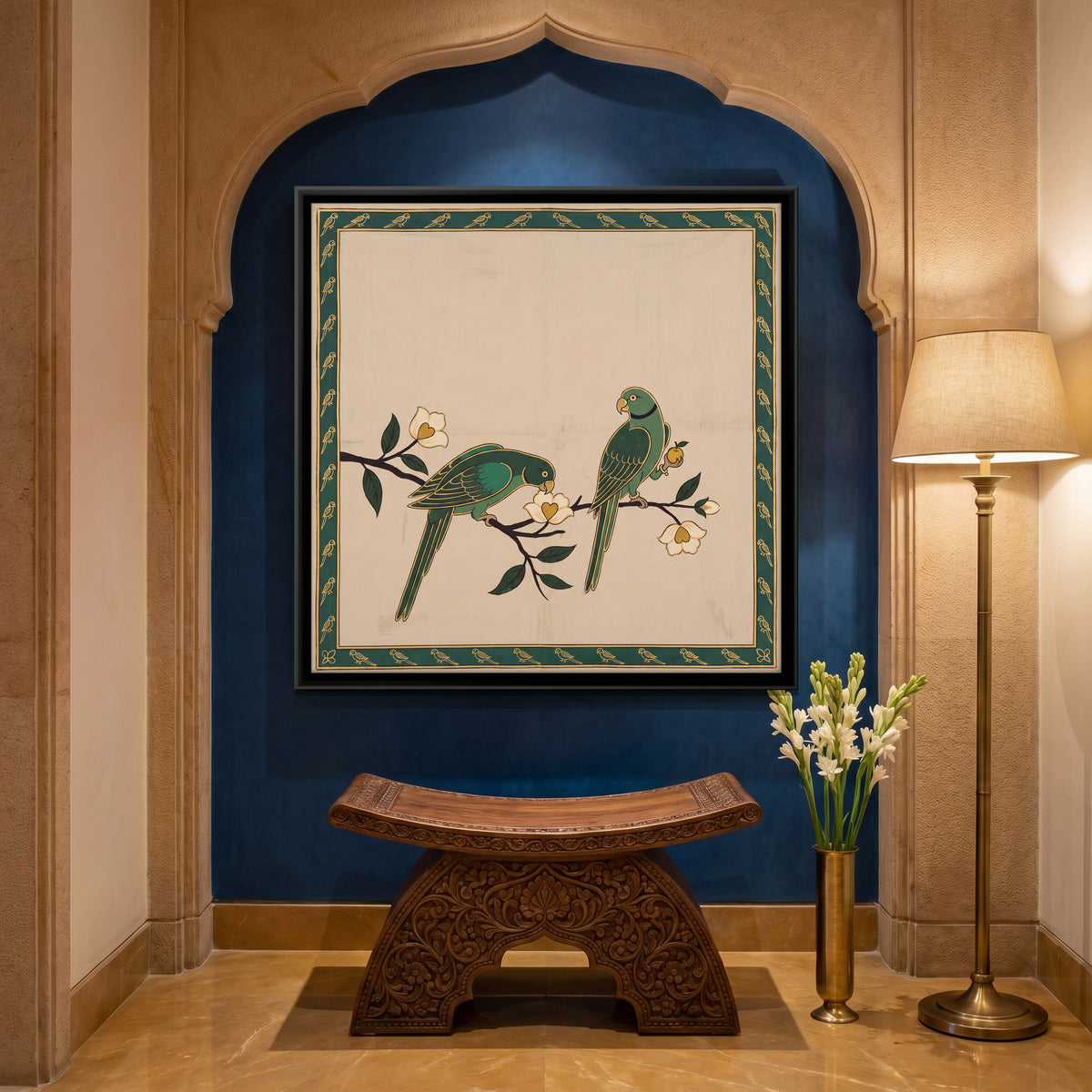 Two Parrots on Flowering Branches - canvas art shown in a styled room