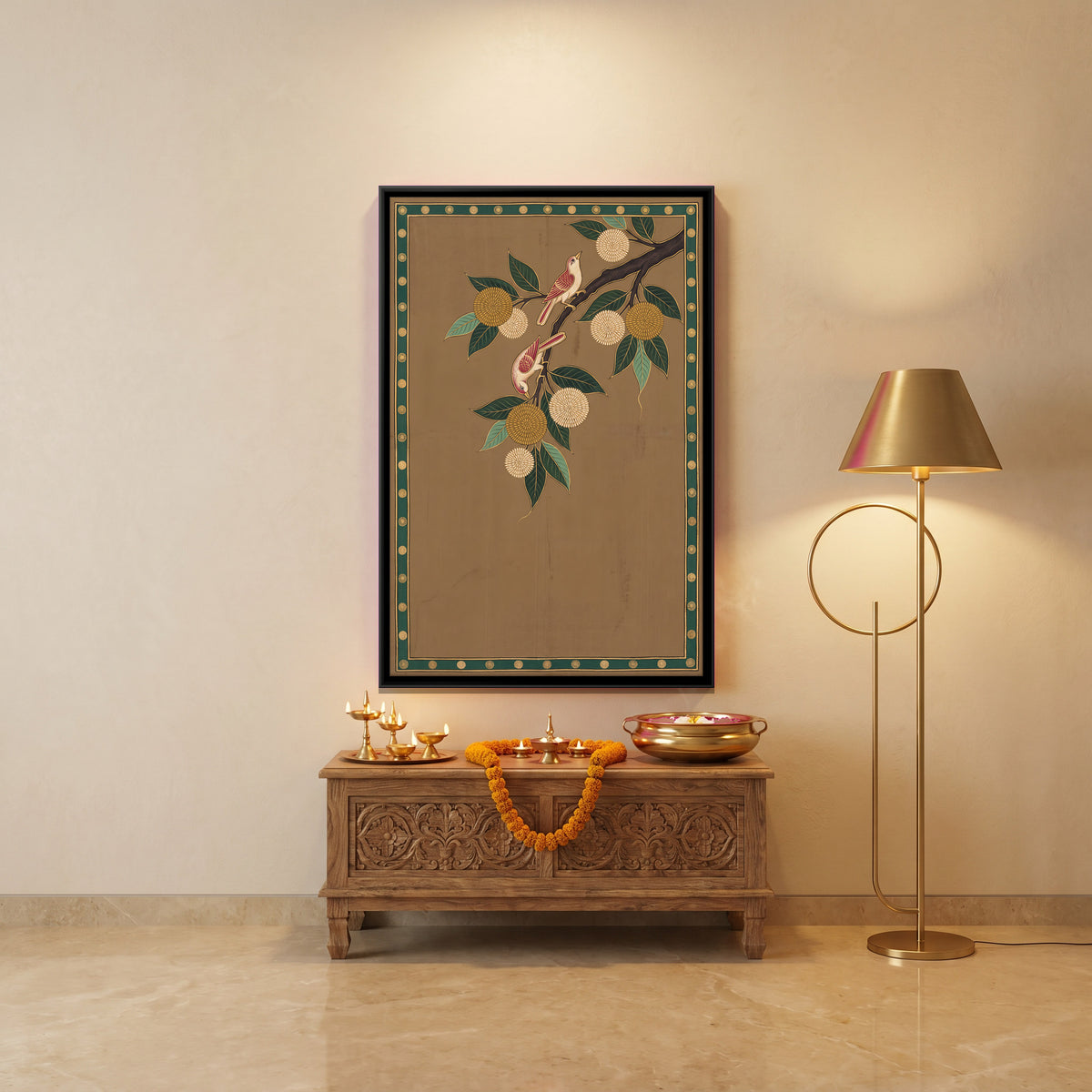 Two Birds on a Kadamba Branch - canvas art shown in a styled room
