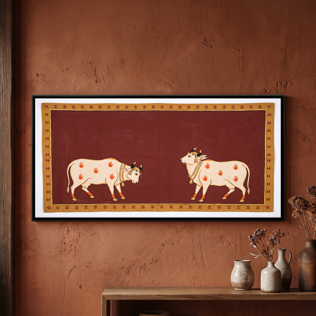 Two Cows Facing Each Other - framed canvas art hung on a wall