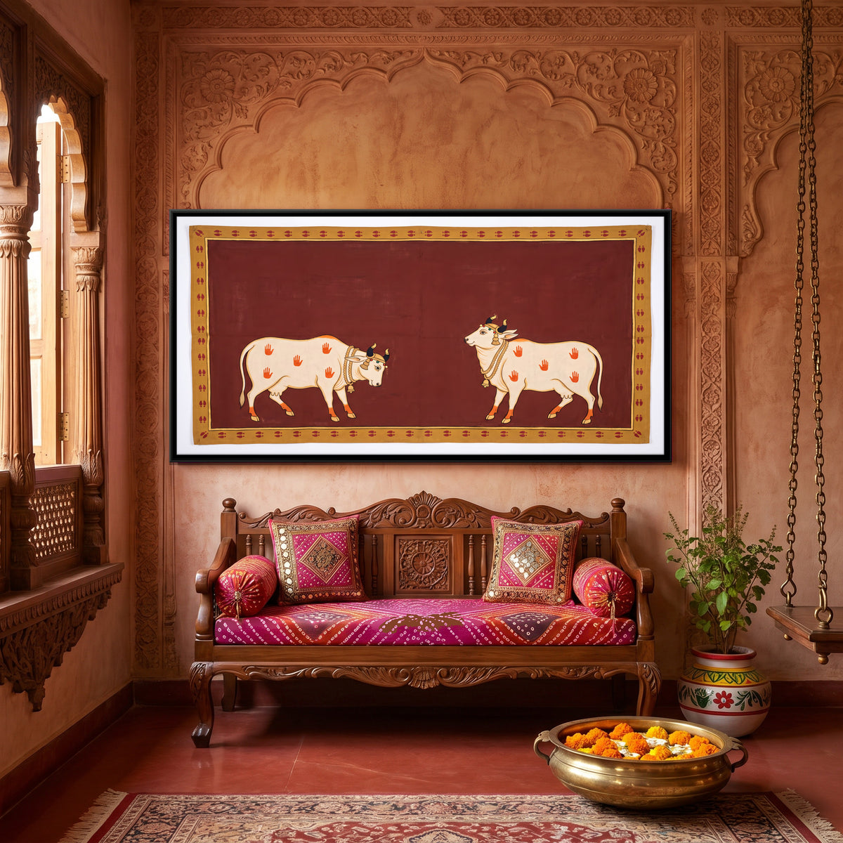 Two Cows Facing Each Other - canvas art shown in a styled room