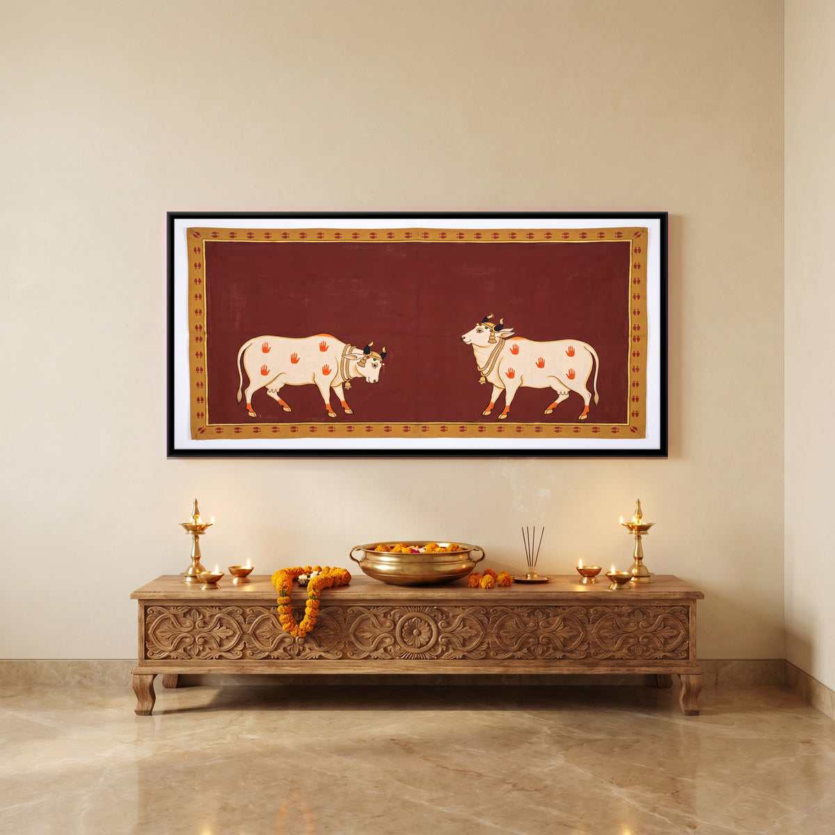 Two Cows Facing Each Other - canvas art shown in a second room setting