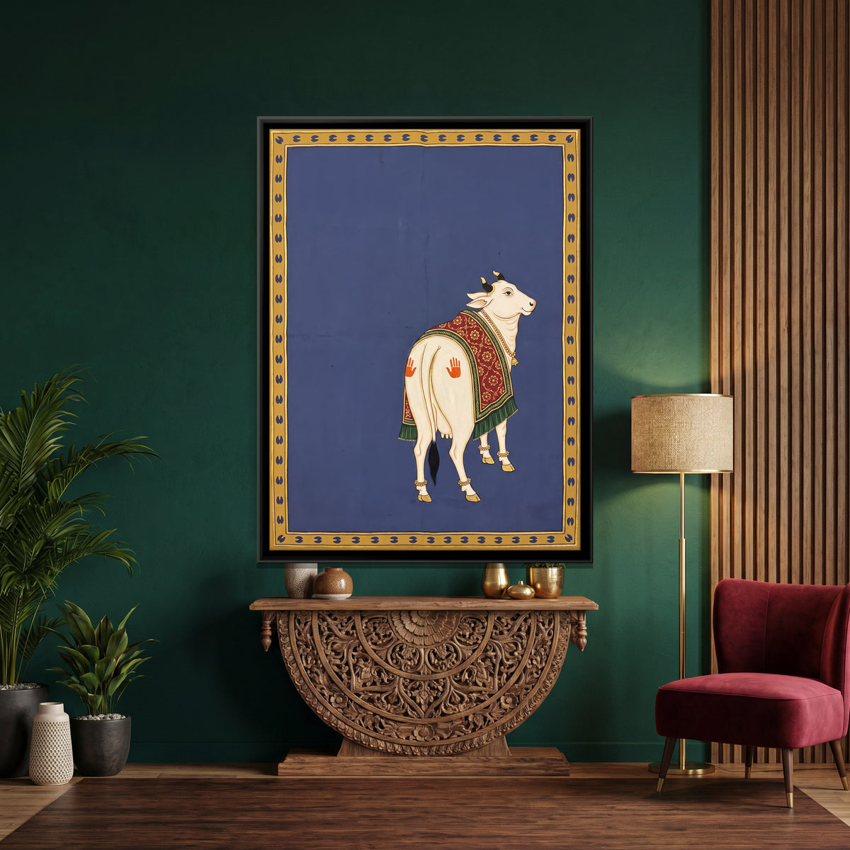 Gau Mata Looking Back - canvas art shown in a styled room