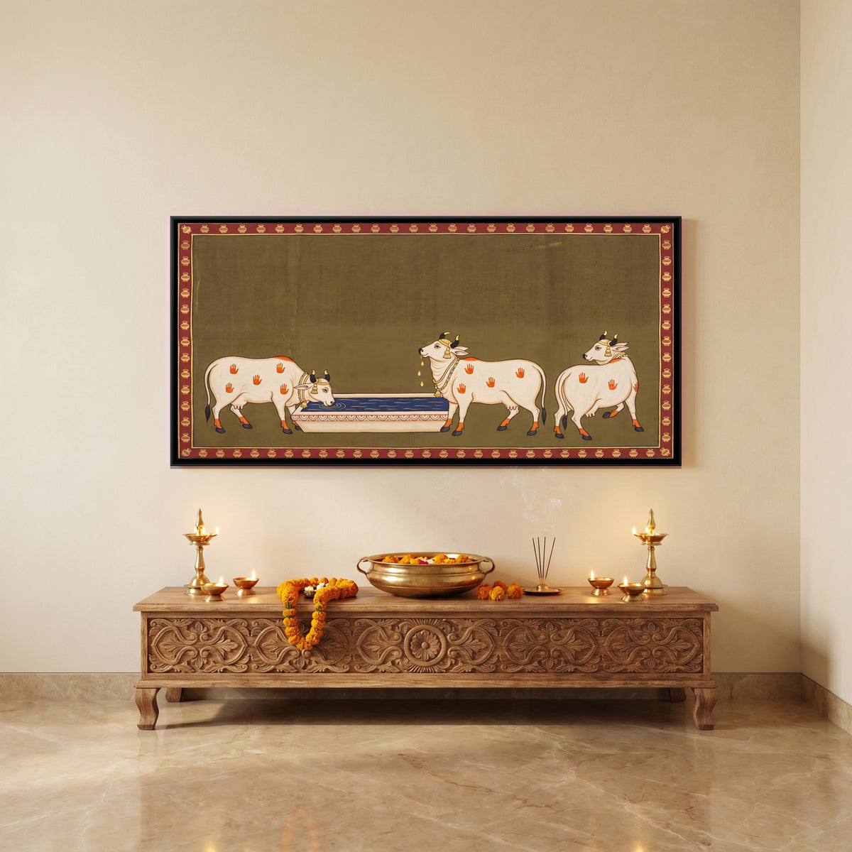 Cows at a Water Trough - canvas art shown in a styled room