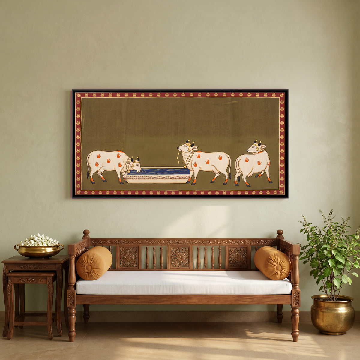 Cows at a Water Trough - canvas art shown in a second room setting