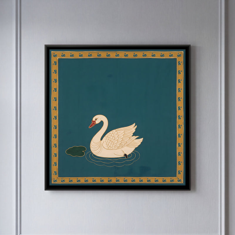 White Swan on Water - framed canvas art hung on a wall