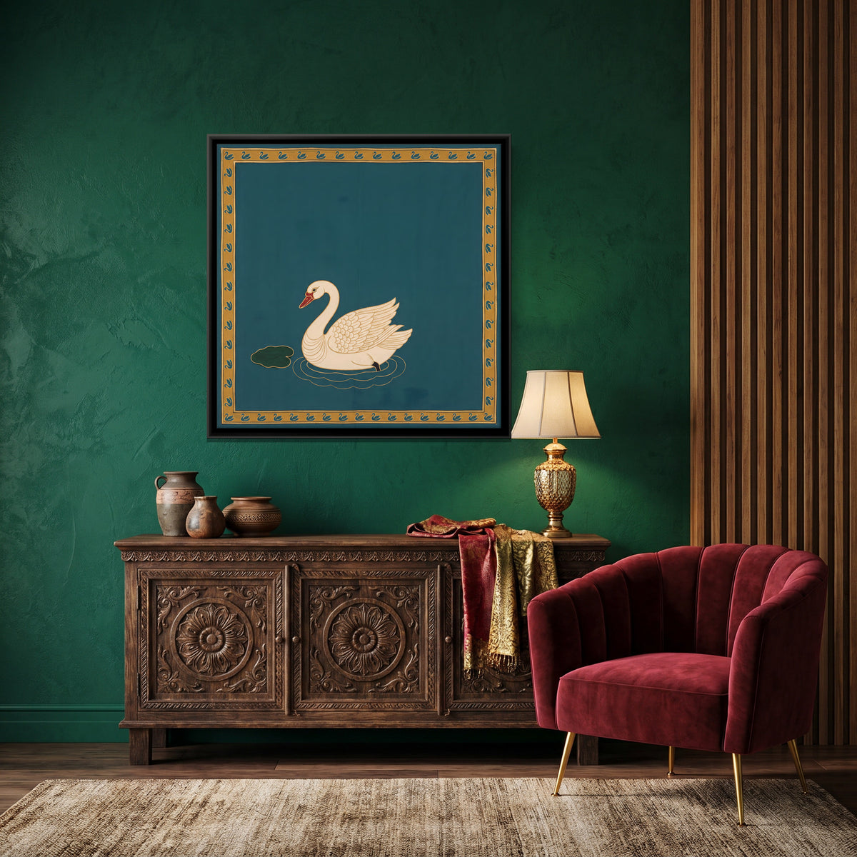 White Swan on Water - canvas art shown in a second room setting