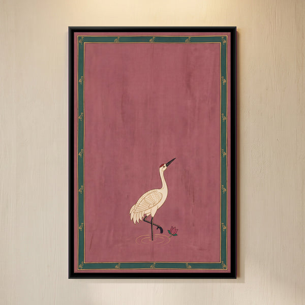 White Crane Standing in Water near a Lotus