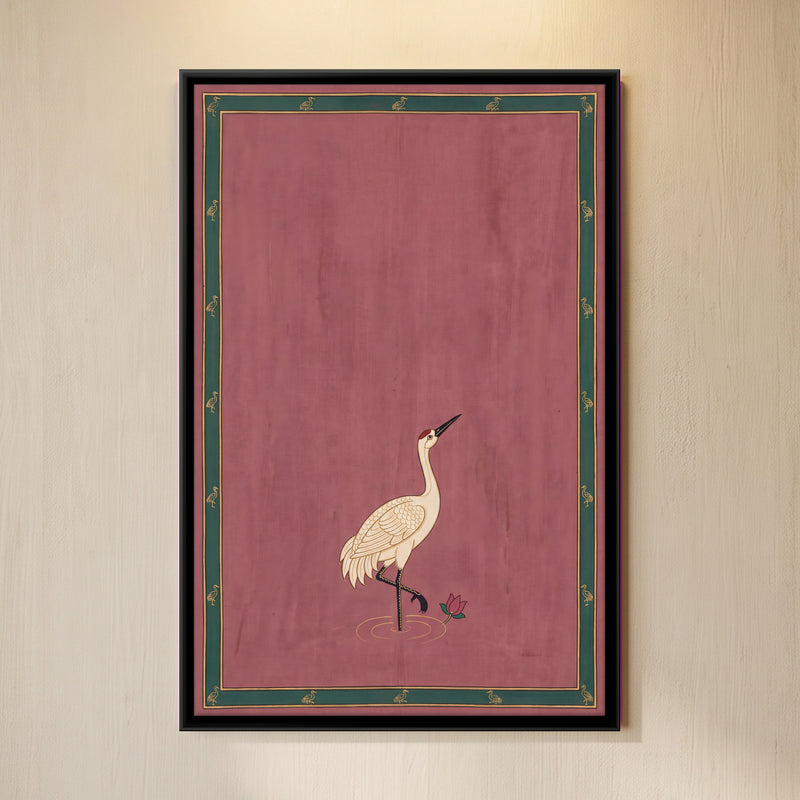 Crane Beside a Lotus - framed canvas art hung on a wall