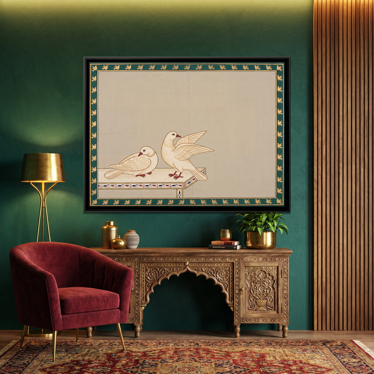 Pair of Doves - canvas art shown in a styled room