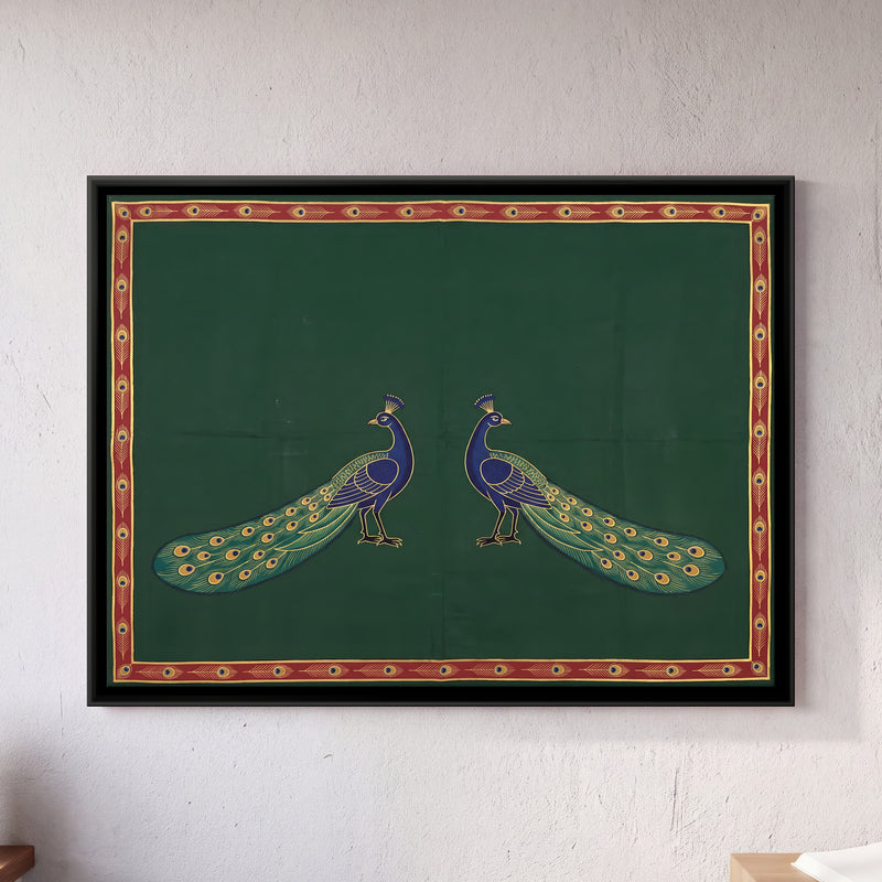 Pair of Peacocks - framed canvas art hung on a wall