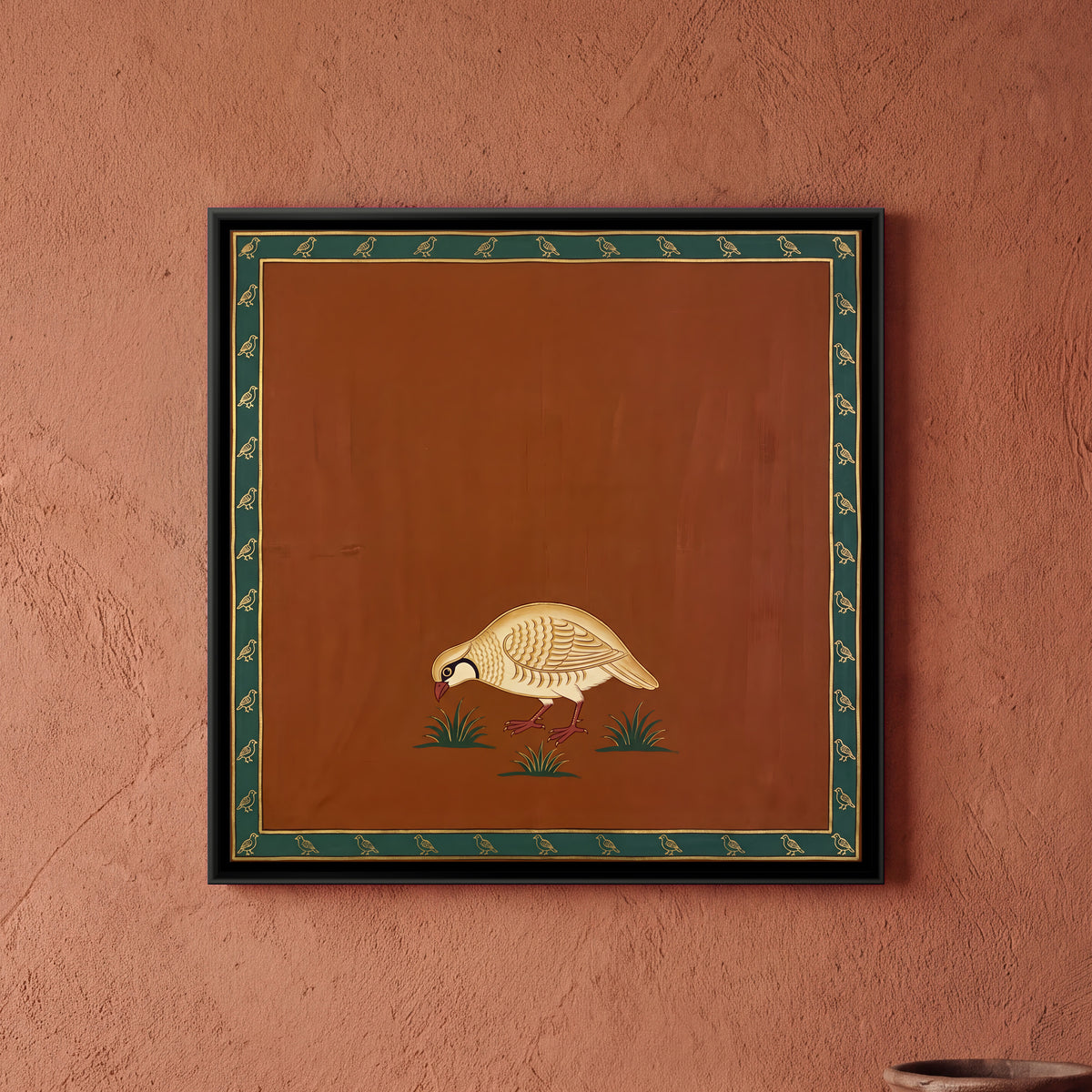 Partridge Feeding in the Grass - framed canvas art hung on a wall