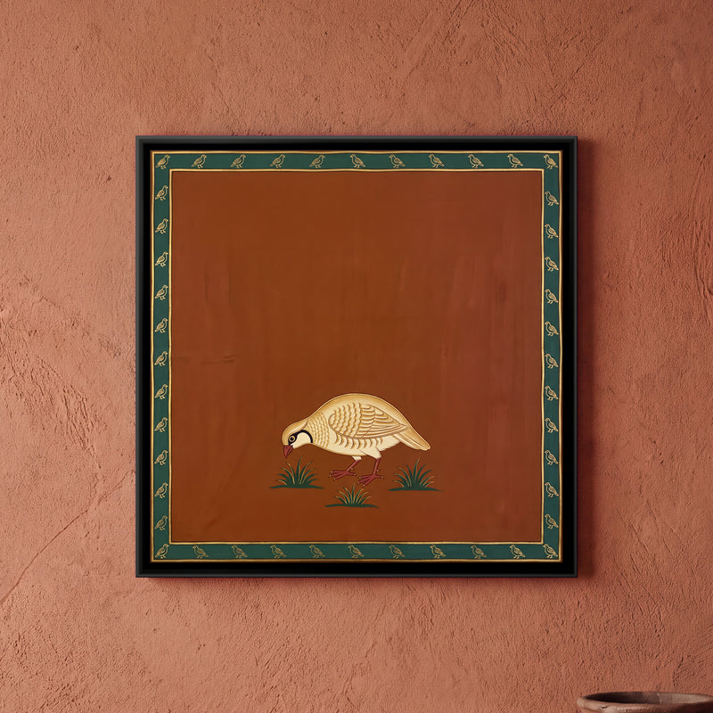 Partridge Feeding in the Grass - framed canvas art hung on a wall