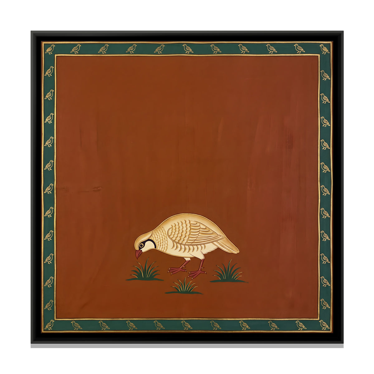 Partridge Feeding in the Grass - framed canvas print, front view