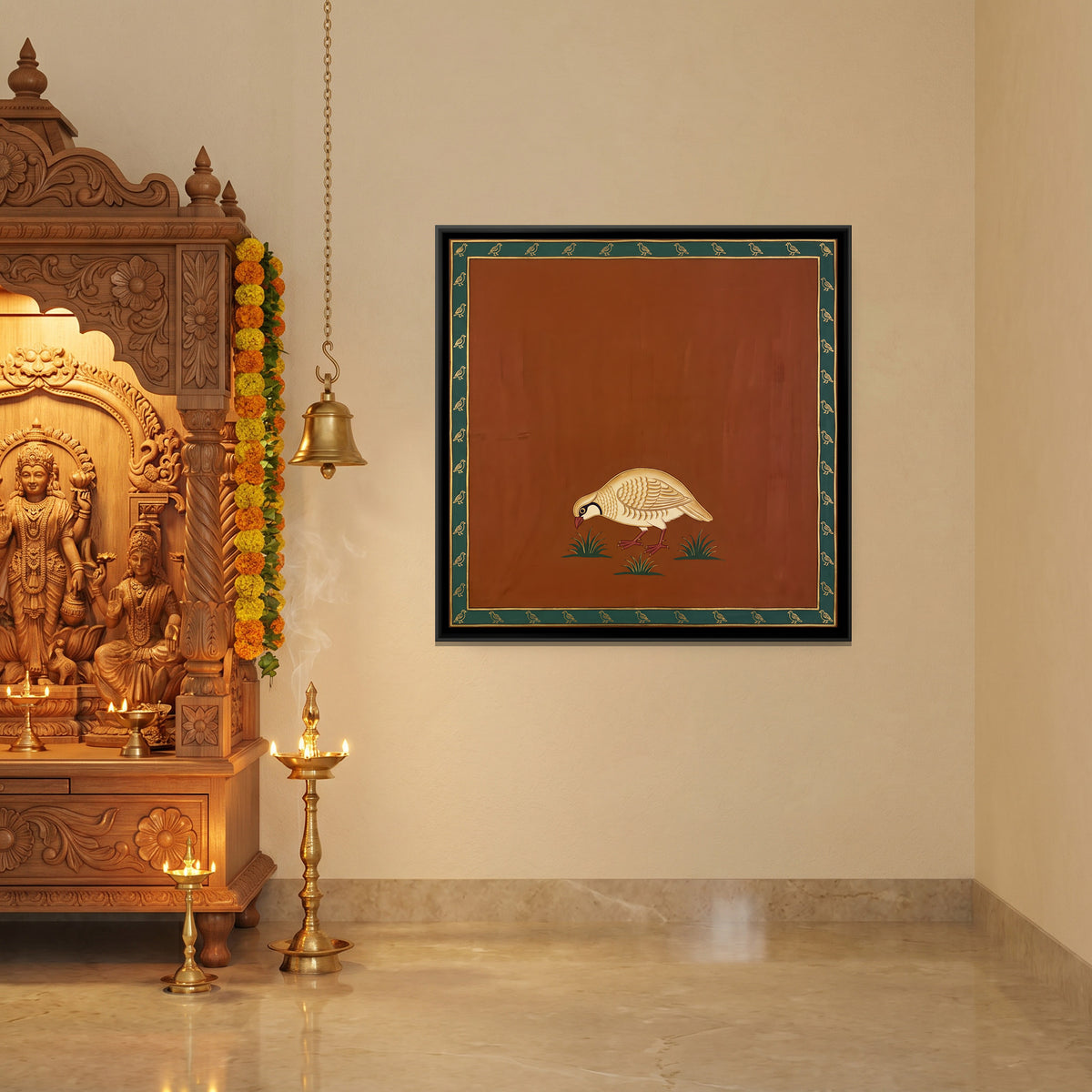 Partridge Feeding in the Grass - canvas art shown in a styled room
