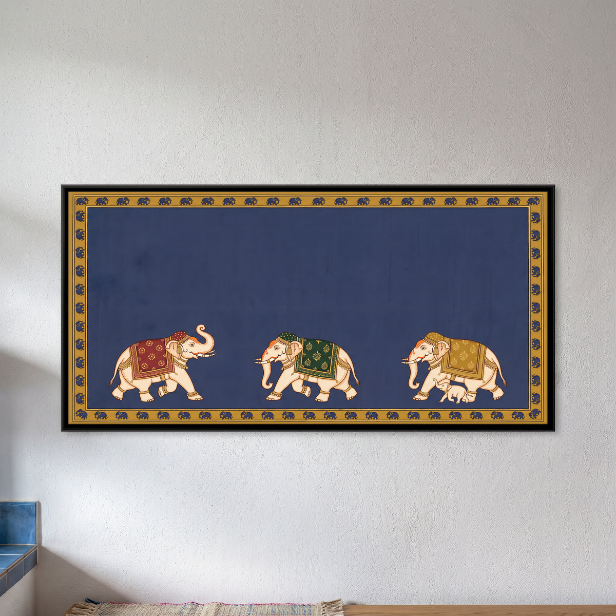 Three Decorated Elephants - framed canvas art hung on a wall