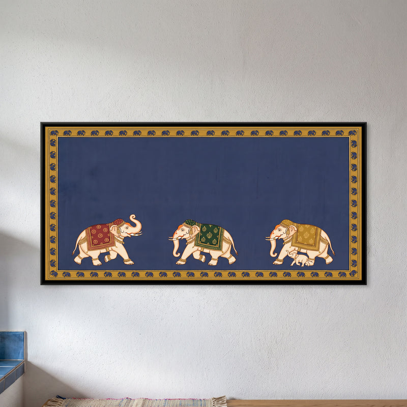 Three Decorated Elephants - framed canvas art hung on a wall
