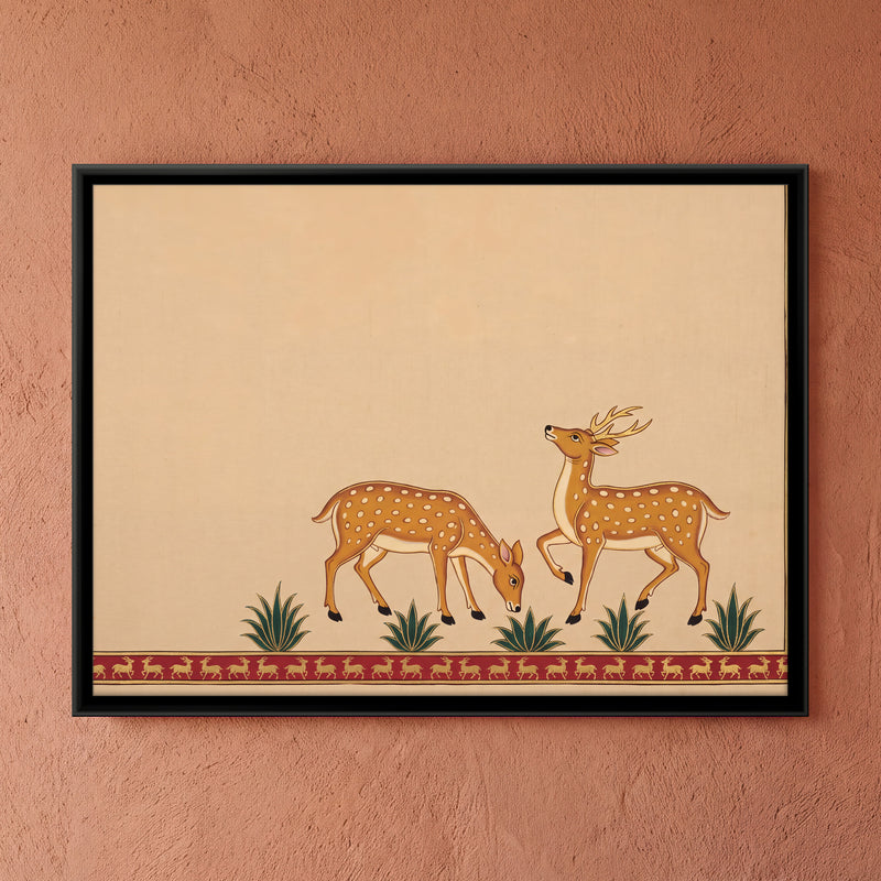 Pair of Spotted Deer - framed canvas art hung on a wall