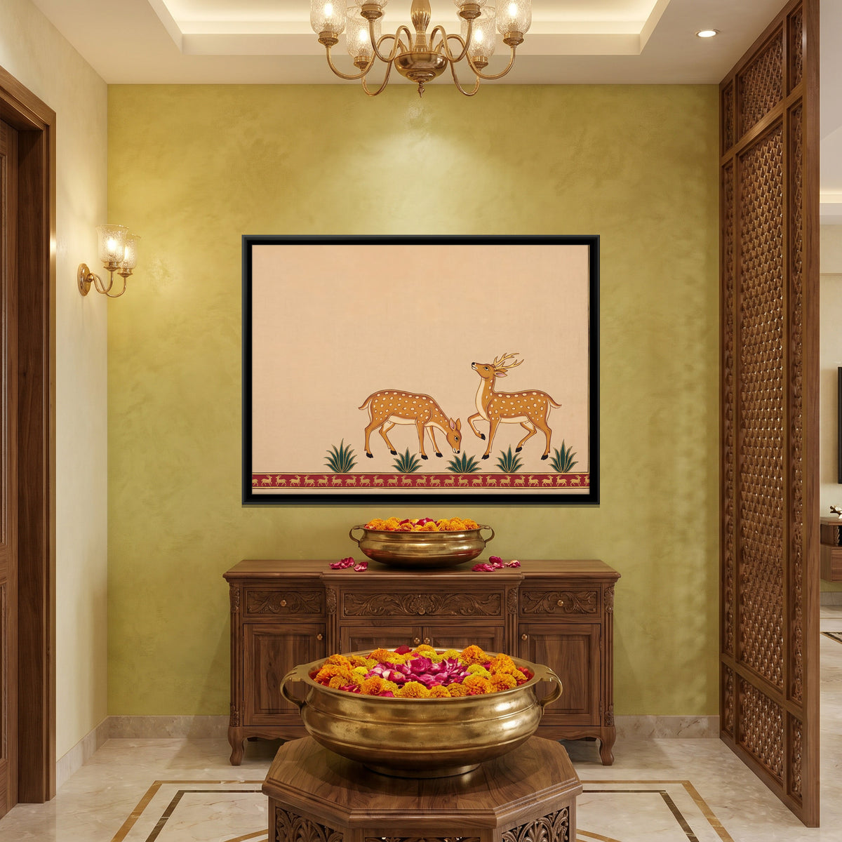 Pair of Spotted Deer - canvas art shown in a second room setting