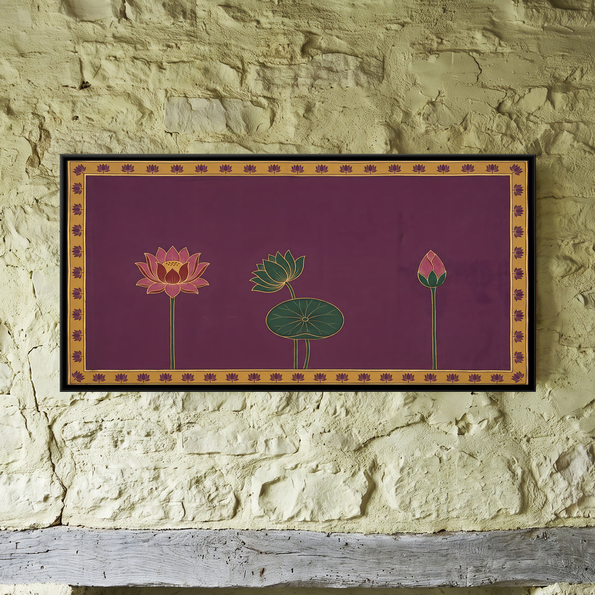 Three Lotus Stems - framed canvas art hung on a wall