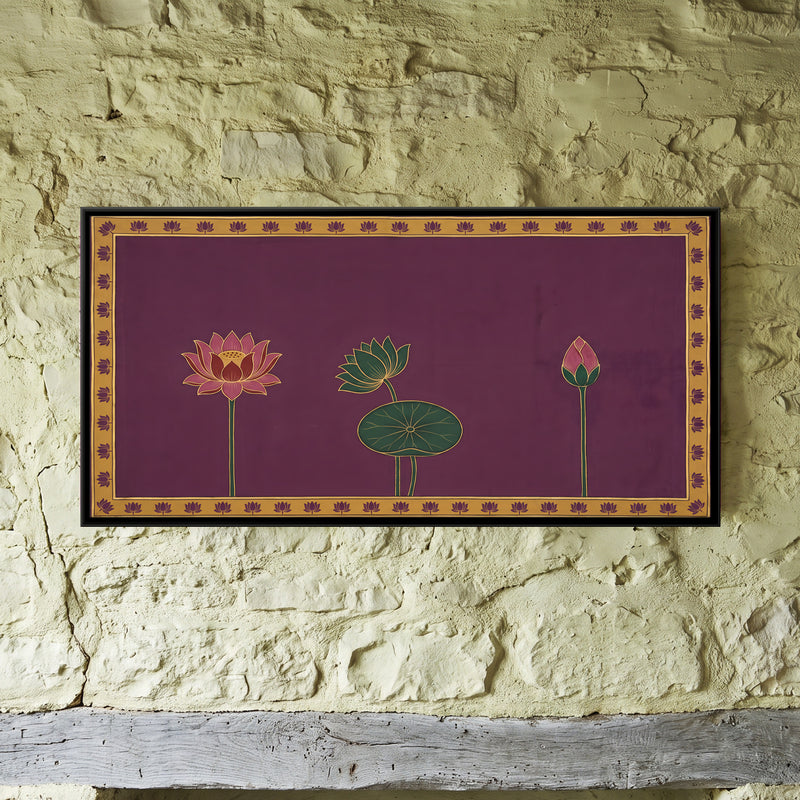 Three Lotus Stems - framed canvas art hung on a wall
