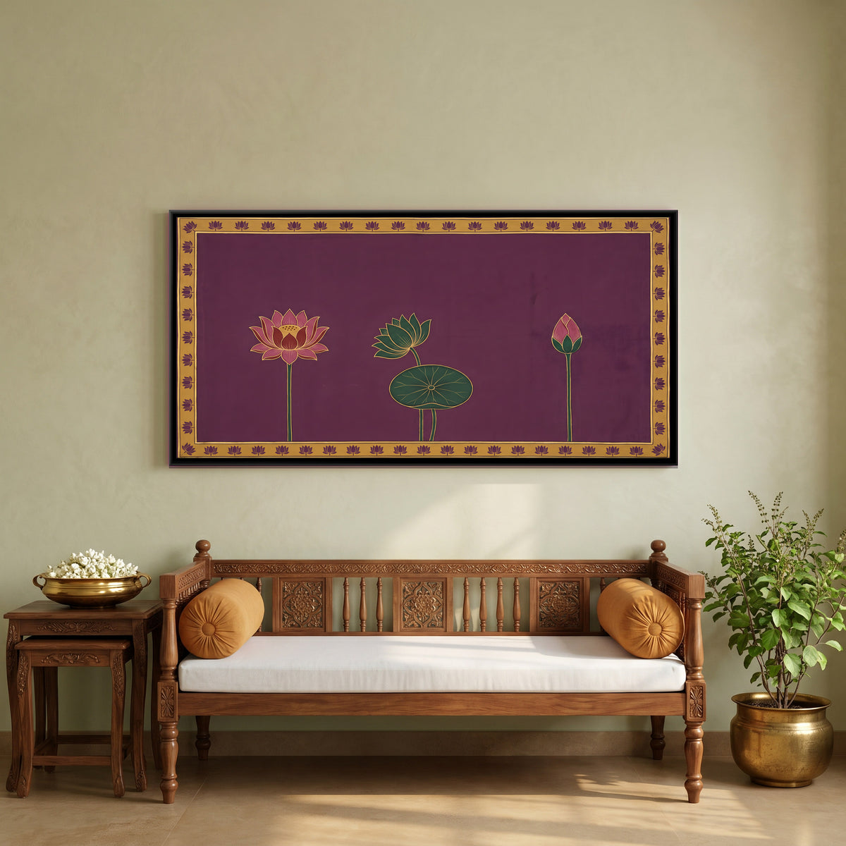 Three Lotus Stems - canvas art shown in a styled room